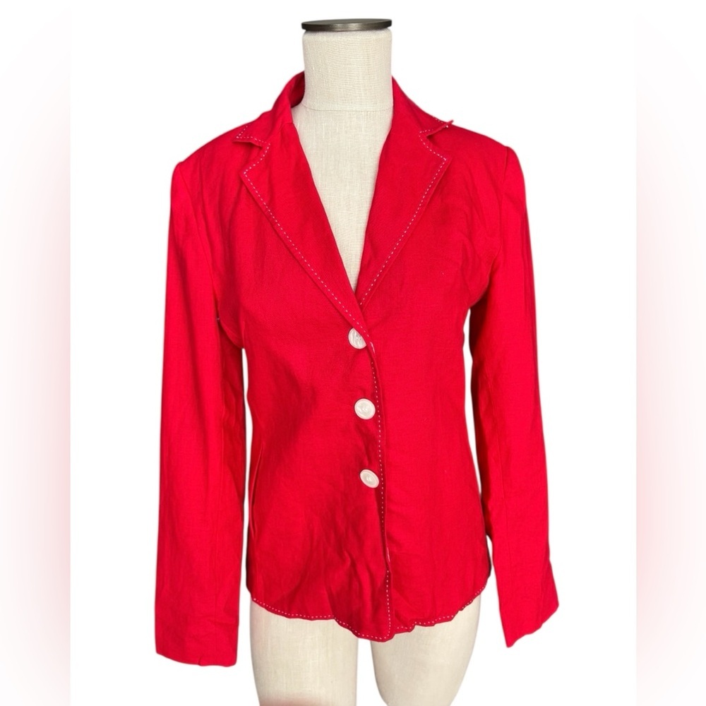 Tribeca Studios Vintage Women’s Cherry Red Lined 100% Linen Blazer Sz 4